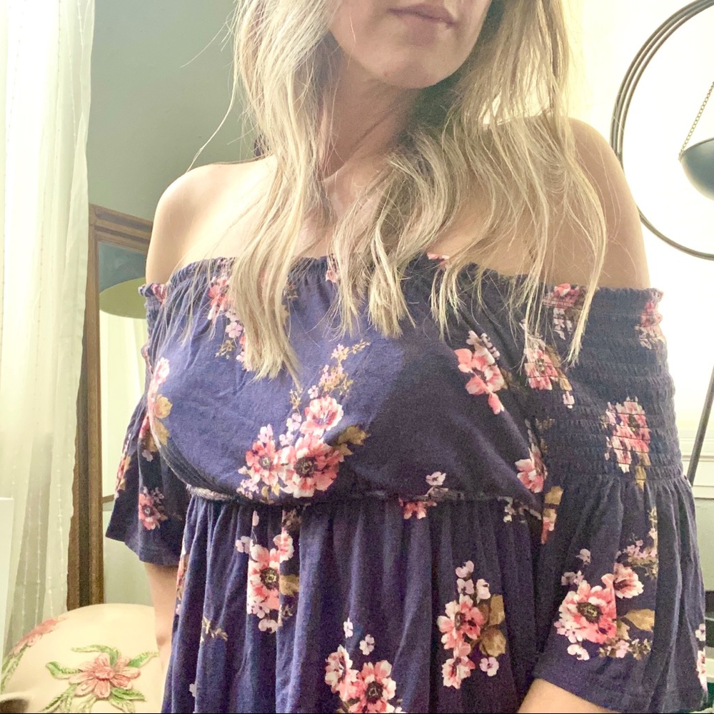 REWIND Navy & Pink Floral Off Shoulder Smocked Sleeve Prairie Boho Hippie Top
